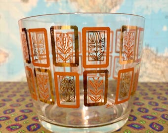 Hazel Atlas Lotus Ice Bucket: Mid Century Modern Glass with Gold Leaf Design