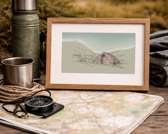 Wydruk schroniska Garbh Choire – odległa szkocka grafika ścienna Bothy – ilustracja krajobrazu Cairngorms