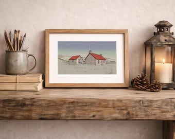 Red House Bothy Print – Ilustracja ścienna z krajobrazem szkockich wyżyn