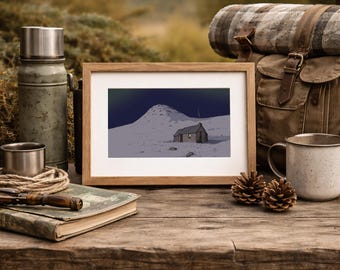Corrour Bothy Print – Hand-Drawn Scottish Landscape Wall Art – Cairngorms Mountain Shelter Illustration