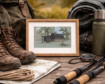 Grafika Boba Scotta „Cairngorms Bothy” – ilustracja krajobrazu szkockich wyżyn