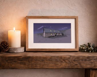 Grafika Callater Stable Bothy – sztuka ścienna Cairngorms, rysunek szkockich wyżyn