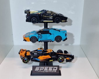 Customisable Branded Triple Riser Display Stand for Lego Speed Champions.