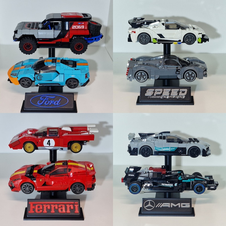 May include: Collection of toy race cars, including a gray and red off-road vehicle, a blue and orange Ford GT, a white and gray sports car, a gray sports car with "SPEED CHAMPIONS" text, a red race car with a white stripe, a red Ferrari, and a black and teal AMG.