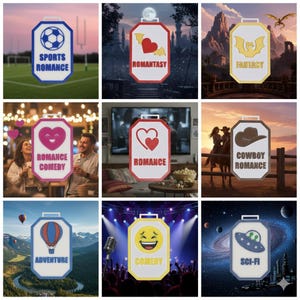 Op de afbeelding: Een verzameling van negen borden met genremotieven, elk met een uniek ontwerp en tekst. De borden bevatten "Sports Romance", "Romantasy", "Fantasy", "Romance Comedy", "Romance", "Cowboy Romance", "Adventure", "Comedy" en "Sci-Fi".