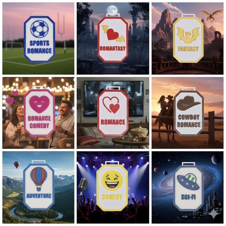 Op de afbeelding: Een verzameling van negen borden met genremotieven, elk met een uniek ontwerp en tekst. De borden bevatten "Sports Romance", "Romantasy", "Fantasy", "Romance Comedy", "Romance", "Cowboy Romance", "Adventure", "Comedy" en "Sci-Fi".