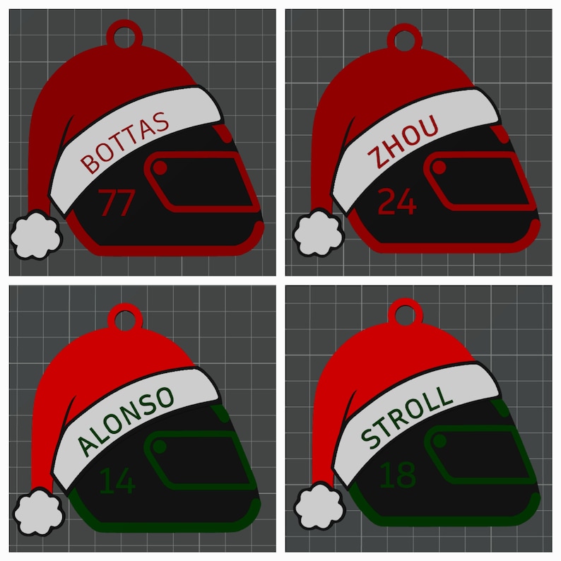 Op de afbeelding: Vier kerstversieringen in de vorm van racehelmen, elk met een kerstmuts. De ornamenten zijn rood, zwart en wit, met de namen "BOTTAS", "ZHOU", "ALONSO" en "STROLL" en hun racenummers.