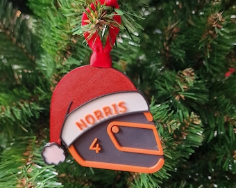 F1 Inspired Santa Hat Driver Helmet Bauble - Formula One Inspired Christmas Tree Decoration.