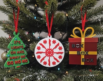 Set of 3 Formula 1 inspired Christmas Tree Decorations - F1 Baubles