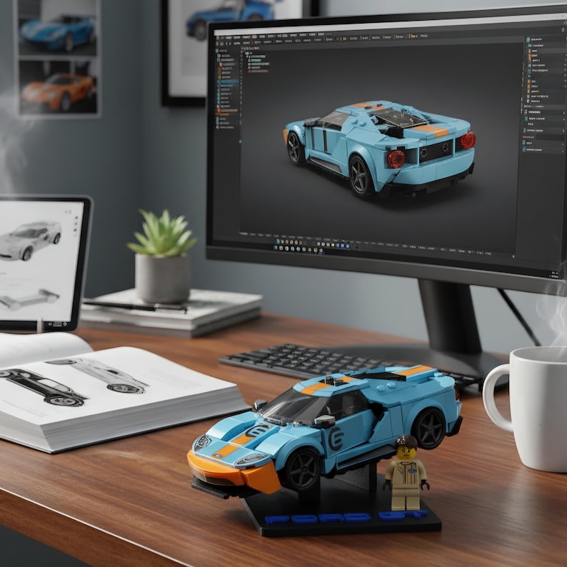 May include: A light blue and orange toy race car model with a minifigure on a black stand. The car is on a wooden desk with a computer monitor displaying a 3D rendering of the car. A mug and a book are also on the desk.