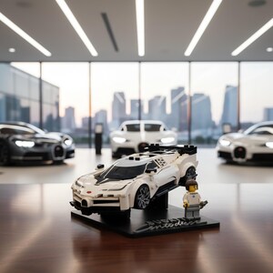 May include: A white and black Lego model of a sports car, displayed on a black stand with the text "Bugatti Centodieci". A Lego figure stands next to the car. Other cars are visible in the background.