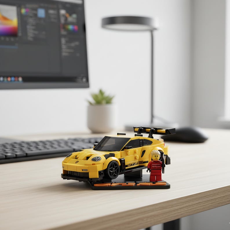 May include: A yellow Lego sports car model with black accents and a rear spoiler, displayed on a black stand. A Lego figure in a red racing suit stands beside the car. The car is on a wooden desk.