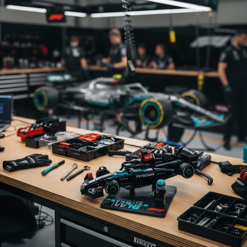 May include: A detailed shot of a workshop bench with a black and teal Lego Formula 1 race car model. The model sits on a black base with the text "W12 16". Various tools, gloves, and a laptop are also on the wooden surface.