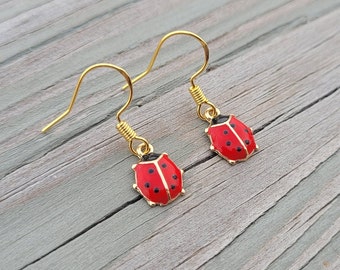 May include: A pair of gold ladybug earrings with red and black enamel. The earrings have a simple hook closure.