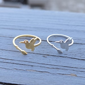 Hummingbird Ring, Adjustable. Gifts For Her, Anniversary, Birthday, Valentine&#39;s, Mother&#39;s Day, Gold, Silver. Leaf Ring. Stainless Steel