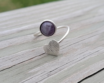 Amethyst Heart Ring, Adjustable. Gifts For Her, Anniversary, Birthday, Bridesmaids. Silver Ring