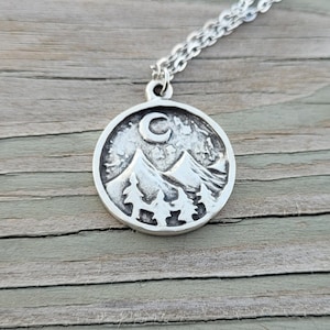Silver Mountain Necklace. Gifts For Her, Anniversary, Birthday, Moon Necklace. Valentine&#39;s Day, Mother&#39;s Day, Camping Gift