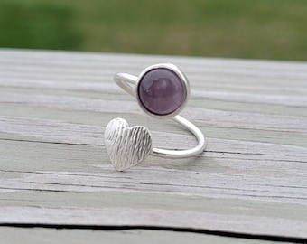 Amethyst Heart Ring, Adjustable. Gifts For Her, Anniversary, Birthday, Bridesmaids. Silver Ring