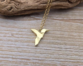 Origami Kolibri Halskette. Geschenke für sie, Jahrestag, Geburtstag, Weihnachtsgeschenk, Geschenk für sie. Gold Kolibri Halskette. Vogel Halskette