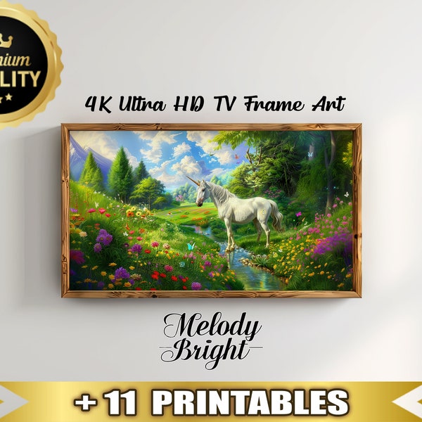 TV Frame Art | Vibrant Home Cinema Decor | Magical Unicorn Pasture | Ideal Gift for Fantasy Lovers