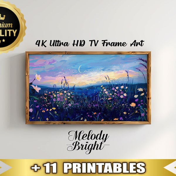 TV Frame Art | Firefly-Lit Floral Decor | Crescent Moon Twilight | Enchanting Meadow | Ideal Gift for Tranquil Home Atmosphere