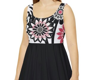 B&W Pink Retro flowers Skater Dress, One-of-a-Kind AI Collaboration fit and flare Dress - Floral - Boho/Y2K Style