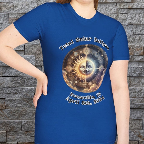 Custom Total Solar Eclipse Evansville, IN Soft T-shirt, Unisex Cotton for the 2024 Eclipse Event