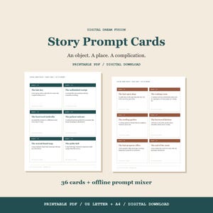 May include: Digital Dream Fusion Story Prompt Cards featuring an object, a place, and a complication. This printable PDF digital download includes 36 cards and an offline prompt mixer. The layout displays two pages of text-based cards in dark green and brown boxes on a light background, with US Letter and A4 sizing options.