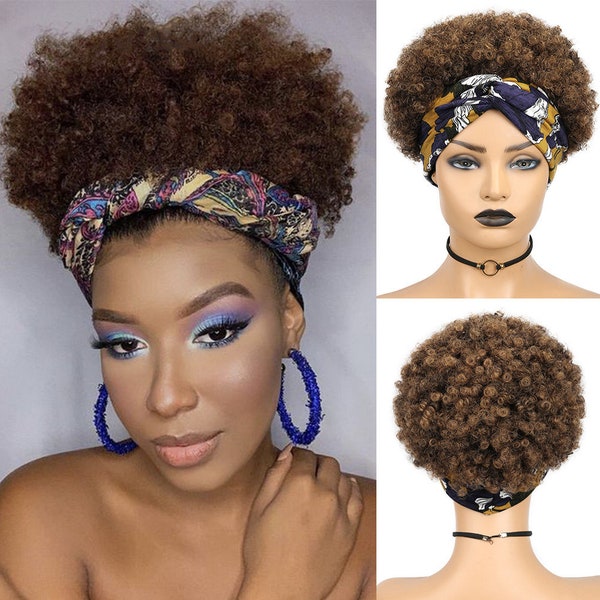 Perruque courte afro bouffante avec bandeau bouclé - Perruque frisée avec serre-tête - Perruques cheveux humains enveloppement turban brésilien