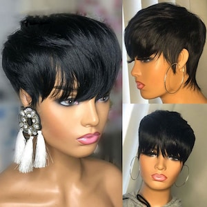 Short Bob Straight Human Wigs With Bangs - Brazilian Virgin Hair Pixie Cut Wig - Natural Human Hair Wigs