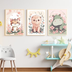 Sofortiger Download | Set mit 3 Drucken| Tierkunst | Nilpferd, Tiger, Löwe | Kawaii | Kind Kinder | Babyzimmer