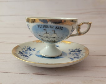 Plymouth Mass. "The Mayflower" miniature souvenir cup and saucer
