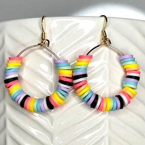 Rainbow clay bead hoop earrings