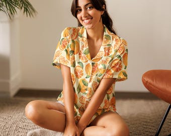Orange Citrus Bloom Silky Pajama Top: Women's Summer Sleepwear