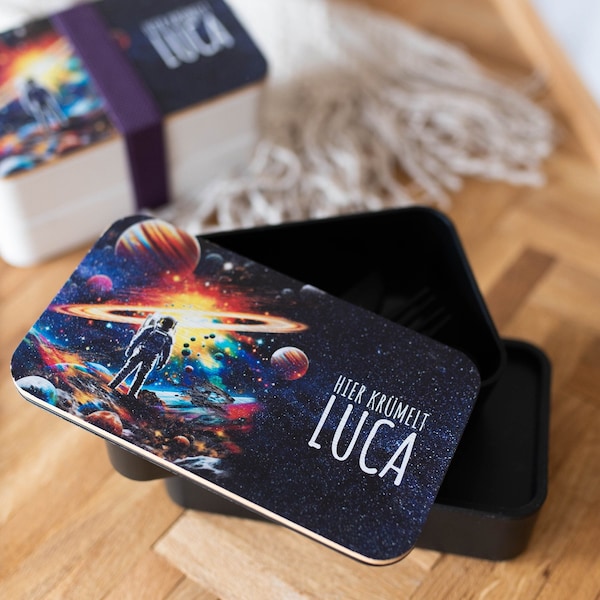 Brotdose Astronaut mit Name, Lunchbox personalisiert, Brotbox für Jungs, Snackbox aus Holz, Geschenk Einschulung