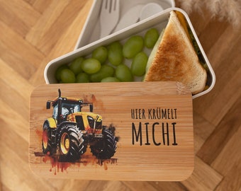 Lunch box tractor motif for boys, personalized with name, children's lunch box made of wood