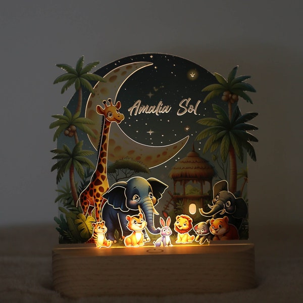 Veilleuse Safari enfants personnalisée, lampe de nuit arc-en-ciel chambre enfant, lampe de chevet acrylique socle bois, cadeau naissance, cadeau baptême