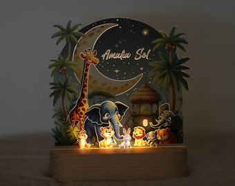 Veilleuse Safari enfants personnalisée, lampe de nuit arc-en-ciel chambre enfant, lampe de chevet acrylique socle bois, cadeau naissance, cadeau baptême