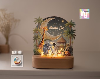 Veilleuse Safari enfants personnalisée, lampe de nuit arc-en-ciel chambre enfant, lampe de chevet acrylique socle bois, cadeau naissance, cadeau baptême