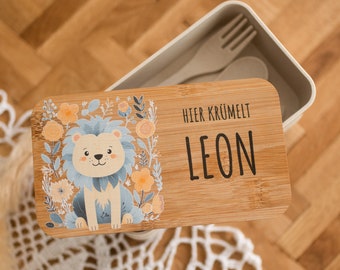 Caja de almuerzo personalizada para niños, caja Bento con estampado de león, regalo de inicio escolar, caja de almuerzo con nombre