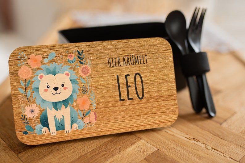 Personalized Kids Lunch Box, Lion Print Bento Box, School Starter Gift, Lunch Box with Name Schwarz