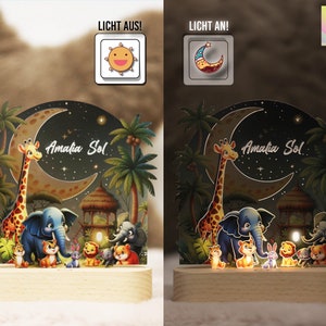 Safari Nachtlicht Kinder personalisiert, Kinderzimmer Regenbogen Nachtlampe, Holzsockel Acryl Nachttischlampe, Geburtsgeschenk, Taufgeschenk Bild 3