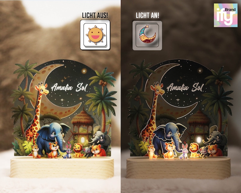 Safari nachtlampje kinderen gepersonaliseerd, kinderkamer regenboog nachtlampje, acryl bedlampje met houten voet, geboortecadeau, doopcadeau afbeelding 3