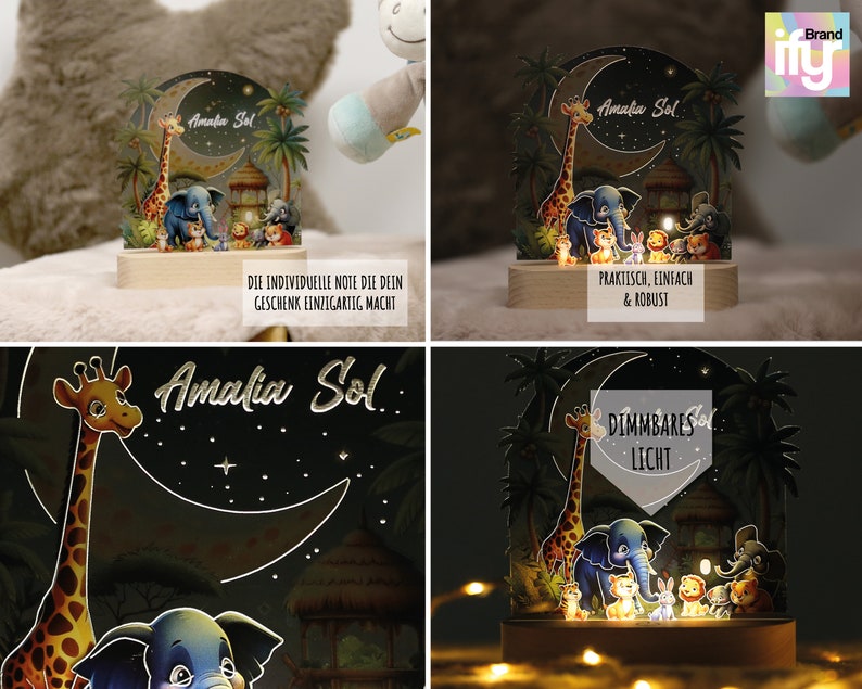 Safari Nachtlicht Kinder personalisiert, Kinderzimmer Regenbogen Nachtlampe, Holzsockel Acryl Nachttischlampe, Geburtsgeschenk, Taufgeschenk Bild 4