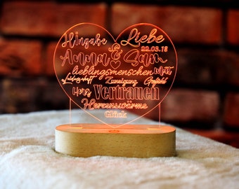 Personalized Night Light Valentine's Day Gift, Anniversary Gifts, Gift for Him, Names and Date - Romantic Gift for Couples