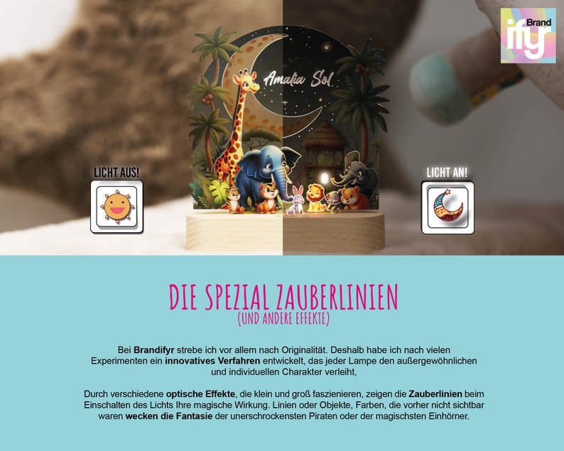 Safari Nachtlicht Kinder personalisiert, Kinderzimmer Regenbogen Nachtlampe, Holzsockel Acryl Nachttischlampe, Geburtsgeschenk, Taufgeschenk Bild 5