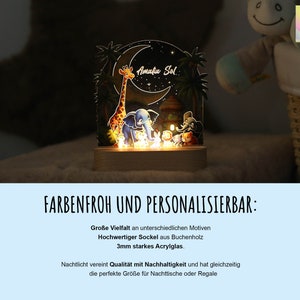 Safari nachtlampje kinderen gepersonaliseerd, kinderkamer regenboog nachtlampje, acryl bedlampje met houten voet, geboortecadeau, doopcadeau afbeelding 7