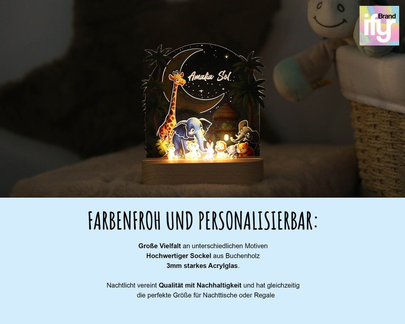 Veilleuse Safari enfants personnalisée, lampe de nuit arc-en-ciel chambre enfant, lampe de chevet acrylique socle bois, cadeau naissance, cadeau baptême image 7