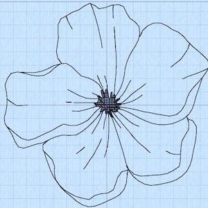 Puede incluir: Un dibujo en blanco y negro de una flor con un centro que parece una estrella.