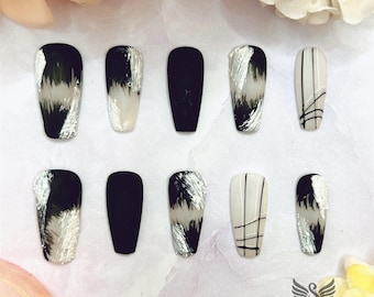 Midnight Angel Wings Press On Nails by SMILINGSTYLE | Luxury Fake Nails | Reusable Nails | Handmade Nails